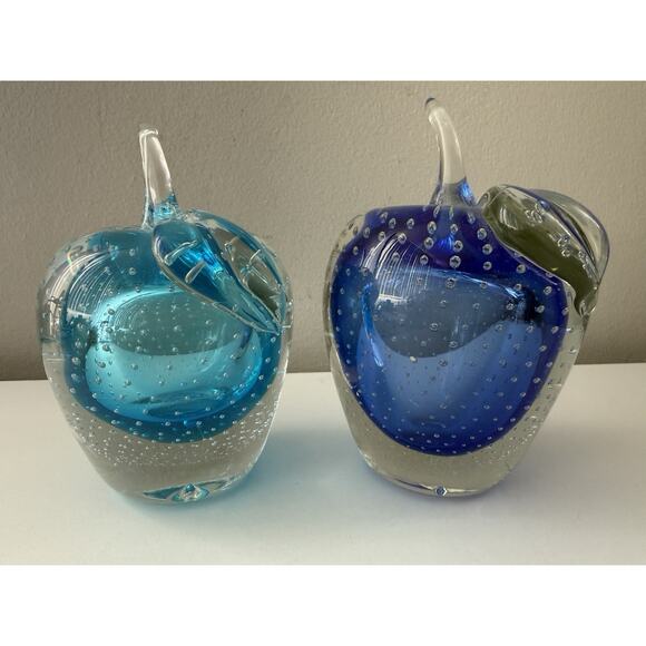 Vintage Murano Style Blue Glass Apple Paperweights Lot of 2 Heavy 6.5” - Picture 2 of 8